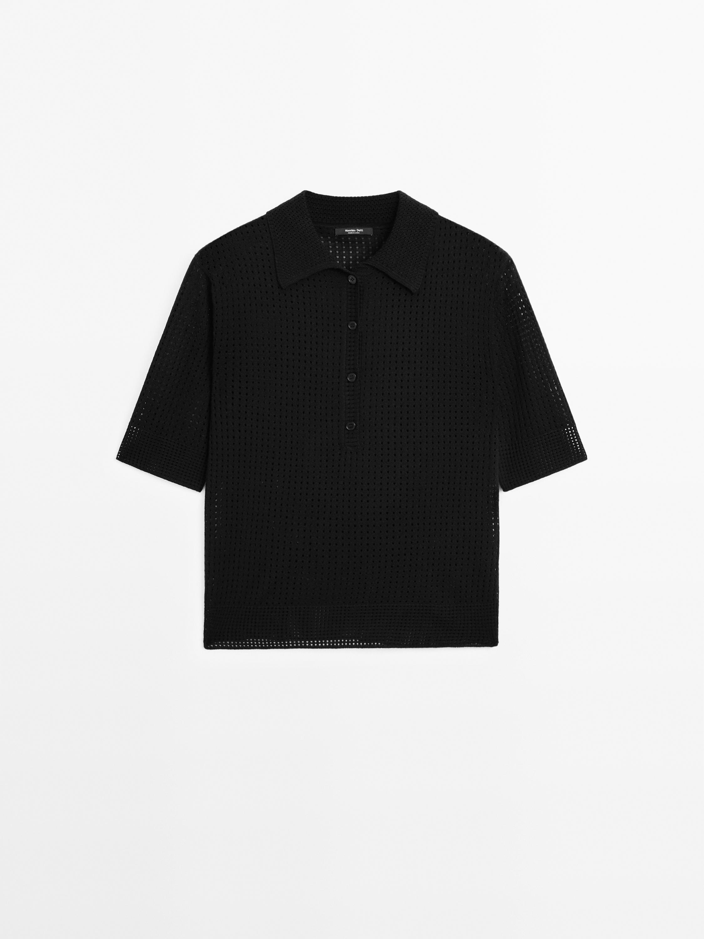 Open knit sweater with polo collar